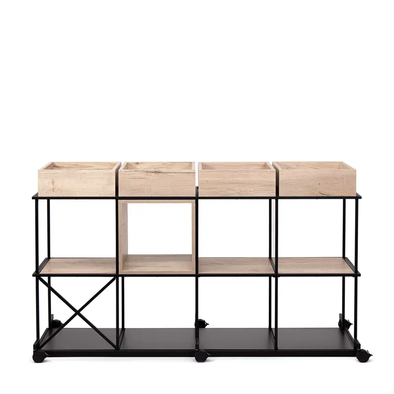 Bejot-Saar-industriële-kast-kantoorkast-planten-kapstok-modulaire-stalen-kluisjes-wandkast-kast-wielen-hout-zwart-metaal-staal