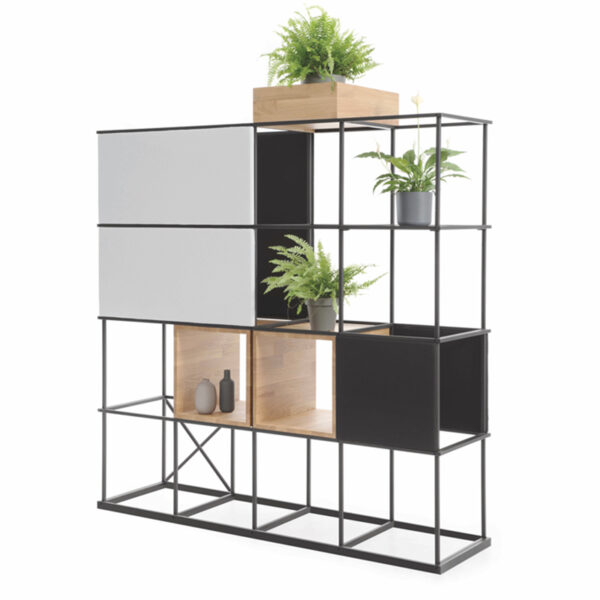 Bejot-Saar-industriële-kast-kantoorkast-planten-kapstok-modulaire-stalen-kluisjes-wandkast-kast-wielen-hout-zwart-metaal-staal