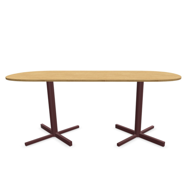 Bejot-Table-Cross-horeca-lage-tafel-hout-metalen-bordeaux-onderstel-dubbele-ronde-tafelblad-hout