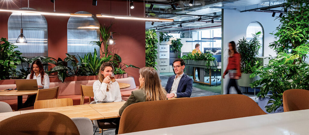 Collega's overleggend in Biophilic Design kantoor