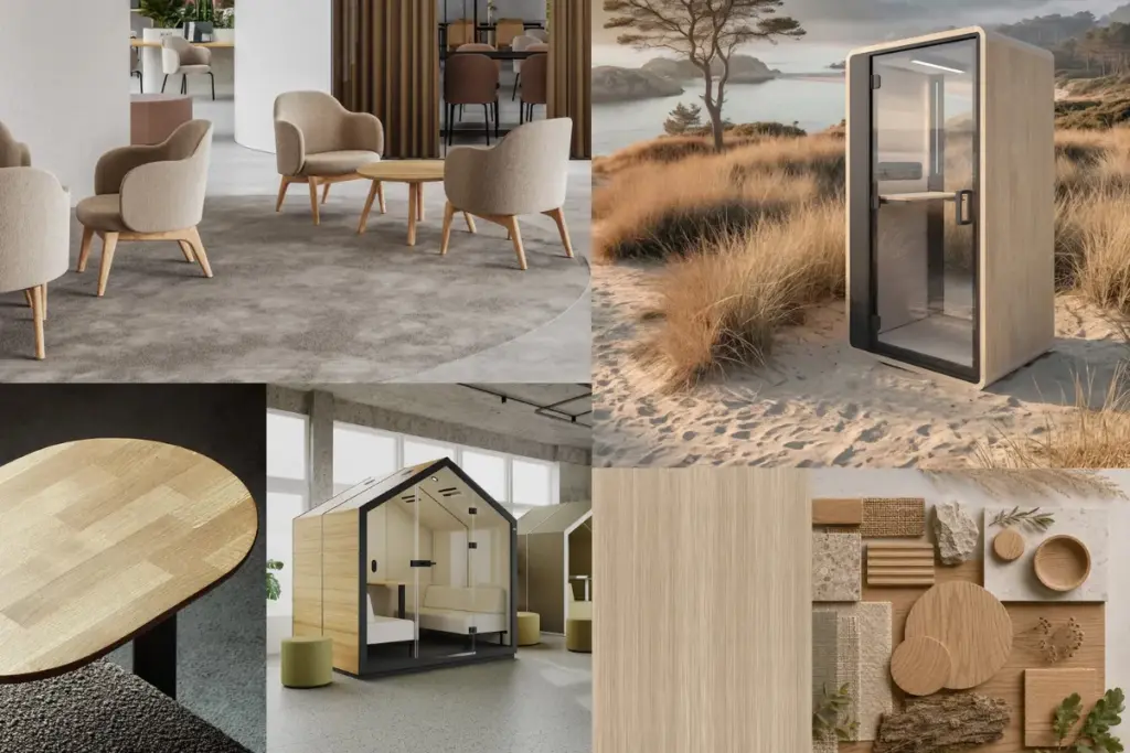 Biophilic Design interieur inspiratie moodboard meubels hout en zandtinten