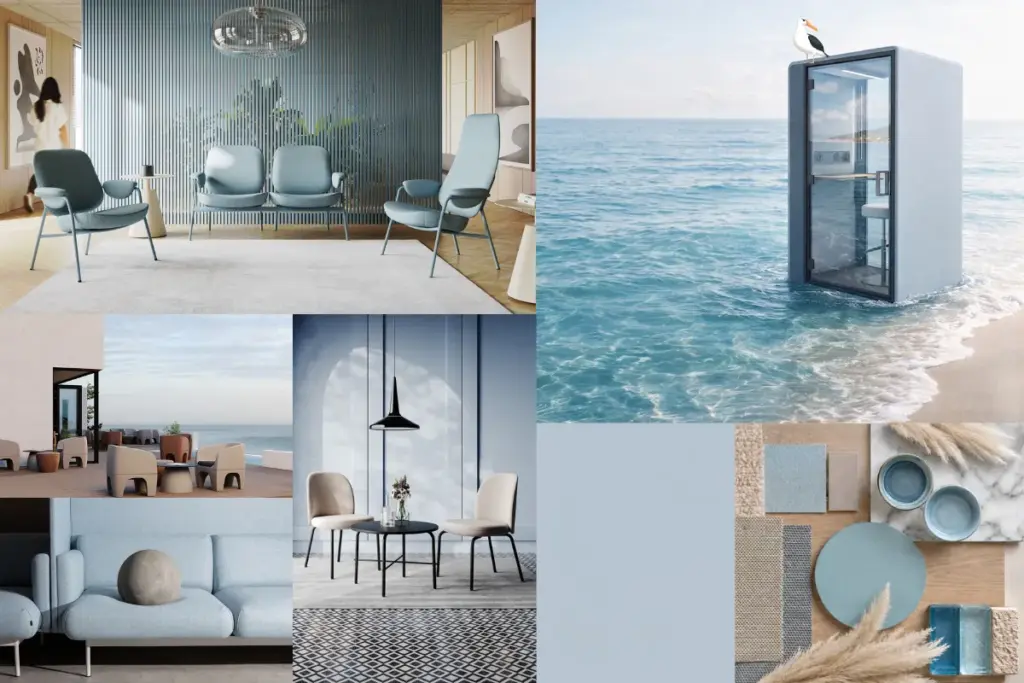 Biophilic Design interieur inspiratie moodboard meubels blauwtinten