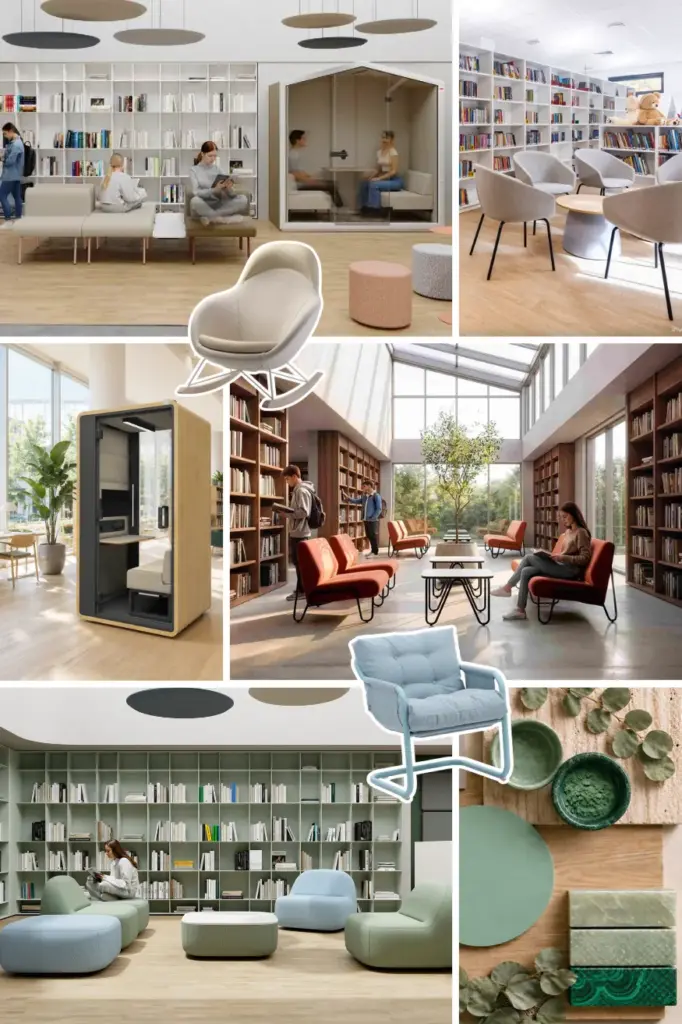 Projectinrichting inspiratie moodboard bibliotheek en meubilair