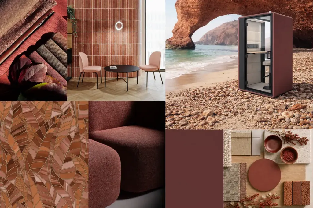 Biophilic Design interieur inspiratie moodboard meubels klei rood en terracotta