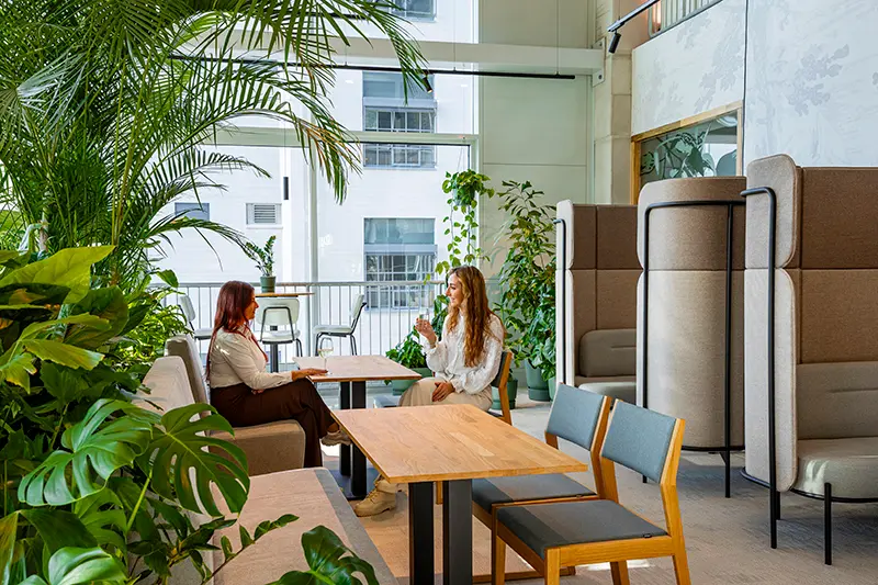 Collega's overleggend in Biophilic Design werkomgeving