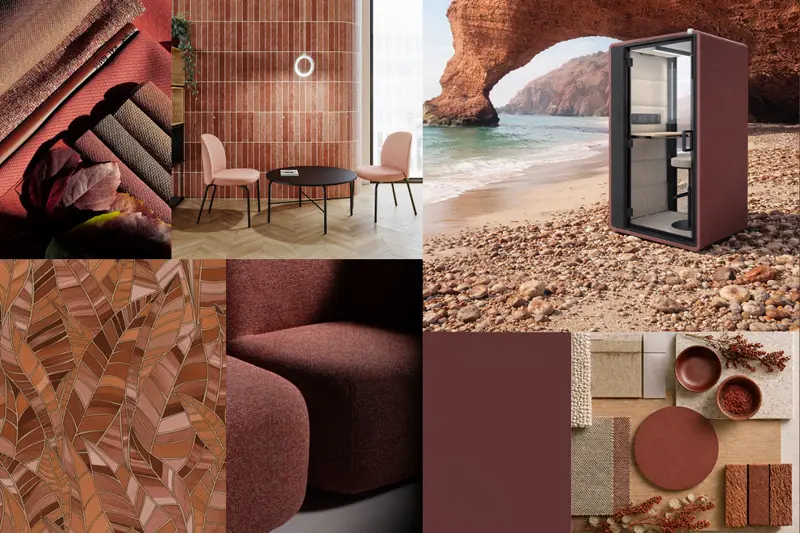 Biophilic Design interieur inspiratie moodboard meubels klei rood en terracotta