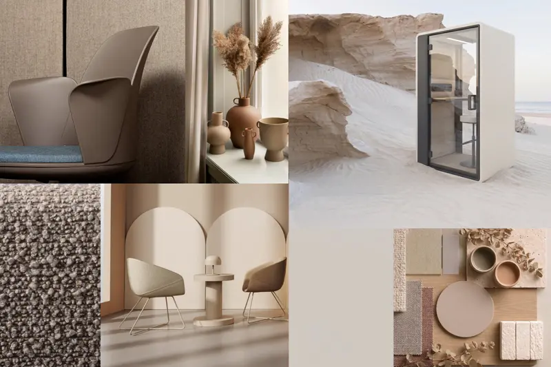 Biophilic Design interieur inspiratie moodboard meubels taupe en beige tinten