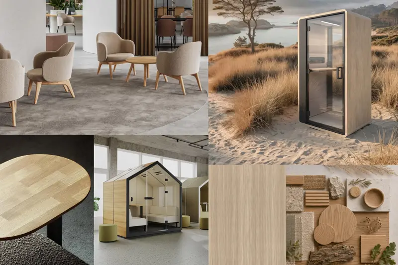 Biophilic Design interieur inspiratie moodboard meubels hout en zandtinten