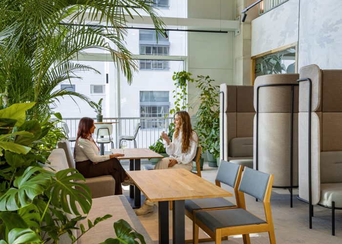 Collega's overleggend in Biophilic Design werkomgeving