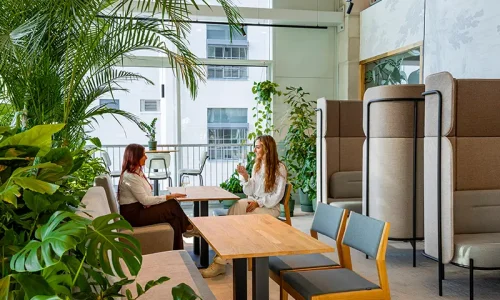 Collega's overleggend in Biophilic Design werkomgeving
