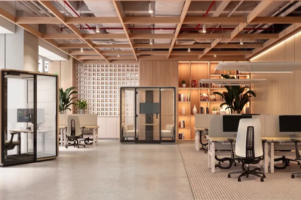 Hushoffice Hushfree Work akoestische kantoorcabine met ergonomische werkplek
