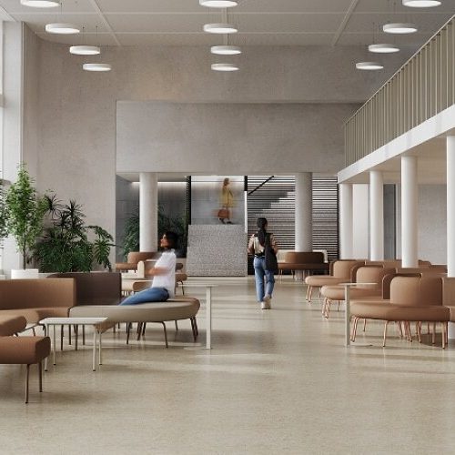 Ruime entreehal van een onderwijsinstelling met comfortabele loungezitplaatsen, veel daglicht en groene accenten.