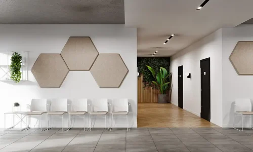 Be-Max projectinrichting wachtruimte zorg met wachtstoelen akoestische panelen